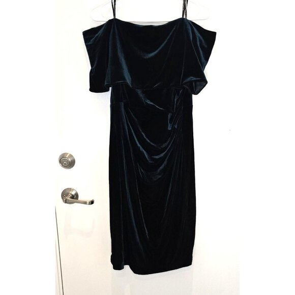 Vince Camuto Off-The-Shoulder Green Velvet Cocktail Dress Size 14 Elegant Evenin - Picture 3 of 16